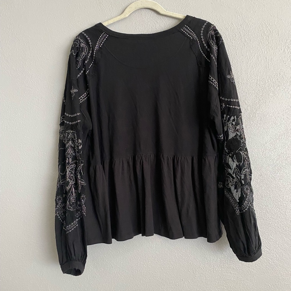 Free People Top Size Small Black Long Sleeve Embroidery Sheer Floral Neutral - Picture 5 of 8